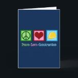 Tarjeta Festiva Compañía de construcción de amor por la paz<br><div class="desc">La Construcción De Amor A La Paz. Un regalo genial de la empresa de construcción para sus trabajadores con un signo de paz,  corazón y un gorra duro amarillo. Un buen regalo para que un capataz le dé a su tripulación o a su obrero.</div>