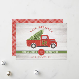 Tarjeta Festiva Compañía Merry Little Navidades Truck Tree Plaid