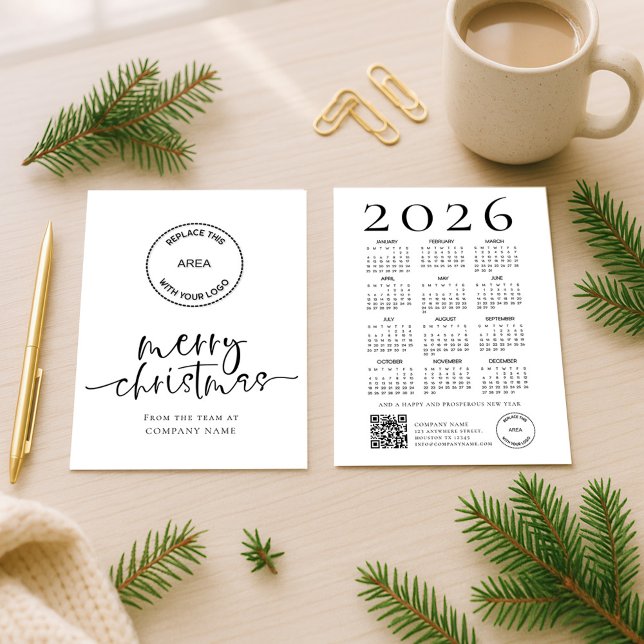 Tarjeta Festiva Company Logo 2026 calendar QR code Merry Christmas (Front and back view)