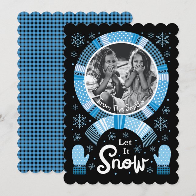 Tarjeta Festiva Comprobación de búfalo Let it Snow Photo Blue Blac (Anverso / Reverso)