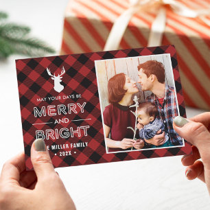 Tarjeta Festiva Comprobación de búfalo rojo Plaid Merry and Bright