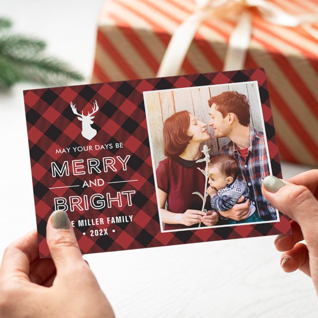 Tarjeta Festiva Comprobación de búfalo rojo Plaid Merry and Bright (Subido por el creador)
