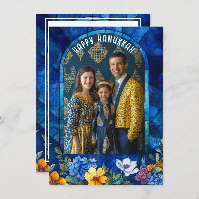 Tarjeta Festiva Con foto 🕎 Feliz Hanukkah, vidrios manchados (Anverso / Reverso)