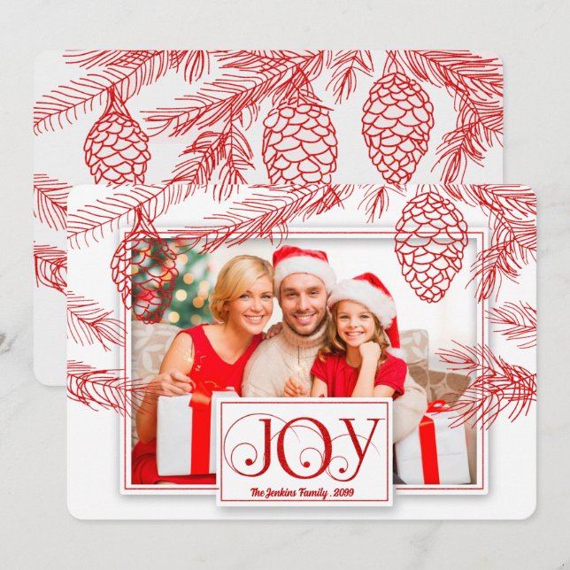 Tarjeta Festiva Con Navidades de Red Pines Joy Photo (Anverso / Reverso)