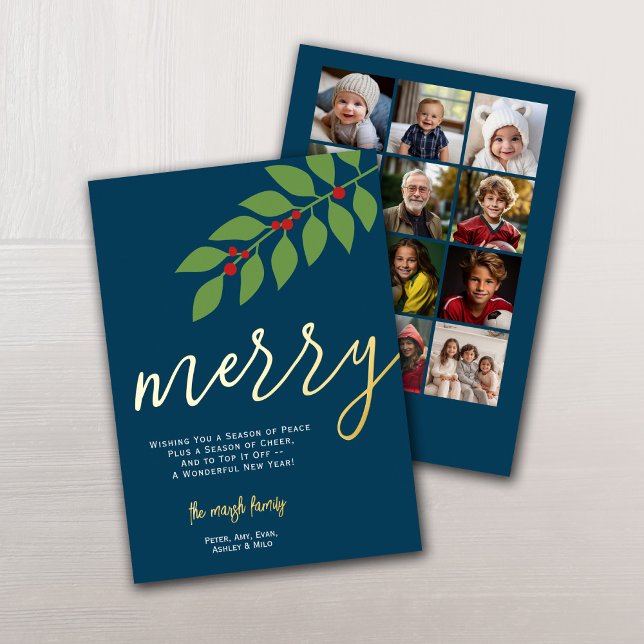 Tarjeta Festiva Con Relieve Metalizado 12 Collage de fotos - Merry Script - Navy Botanica (12 Photos - gold foil - modern design with merry script font)