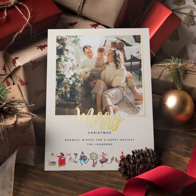 Tarjeta Festiva Con Relieve Metalizado 12 días de Navidades de la ru Foto (Beautiful gold foil 12 days of Christmas Holiday Photo greeting card.)