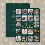 Tarjeta Festiva Con Relieve Metalizado 18 Collages de fotos y leyendas verde ¡Qué año!<br><div class="desc">¡Qué año para recordar! Envíe elegantes saludos alegres y comparta 18 de sus fotos favoritas con una tarjeta de vacaciones de Relieve metalizado de verde y oro de personalizado 5x7. El texto de esta plantilla es sencillo de personalizar para incluir cualquier texto como Feliz Navidad, Felices Fiestas, Saludos de Temporadas,...</div>