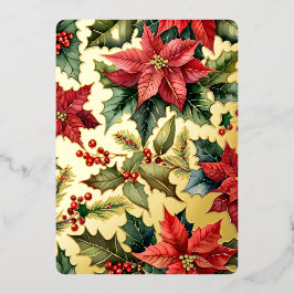 Tarjeta Festiva Con Relieve Metalizado 1 Foto Vertical Grande Poinsetti Dorado