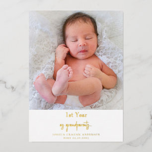 Tarjeta Festiva Con Relieve Metalizado 1er año como abuelos Foto de bebé en Navidad