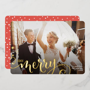 Tarjeta Festiva Con Relieve Metalizado 2025 FOTO ALEGRE recién casados caligrafía diverti