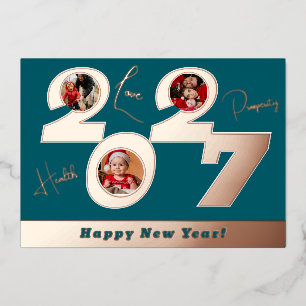 Tarjeta Festiva Con Relieve Metalizado 2027 rosa oro real foil 3 fotos feliz año nuevo