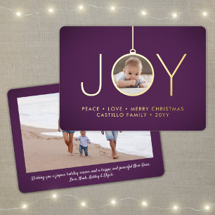 Tarjeta Festiva Con Relieve Metalizado 2 Foto Ornamento Purple Modern Joy de Navidad