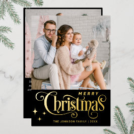 Tarjeta Festiva Con Relieve Metalizado 2 FOTO Sparkle Merry Christmas Greaming Gold