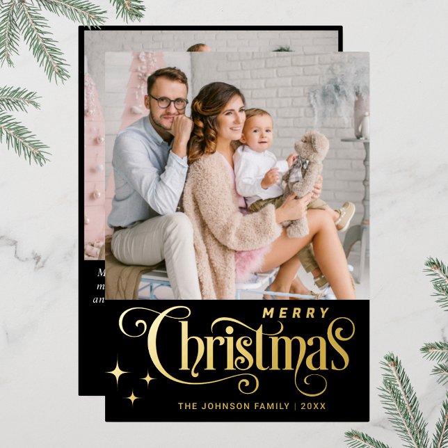 Tarjeta Festiva Con Relieve Metalizado 2 FOTO Sparkle Merry Christmas Greaming Gold (Real foil print Christmas holiday greeting card.)