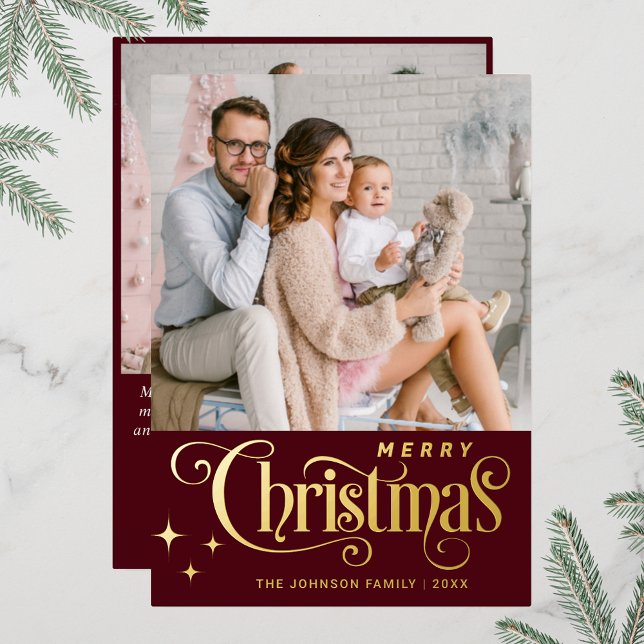 Tarjeta Festiva Con Relieve Metalizado 2 FOTO Sparkle Merry Christmas Greaming Gold (Real foil print Christmas holiday greeting card.)