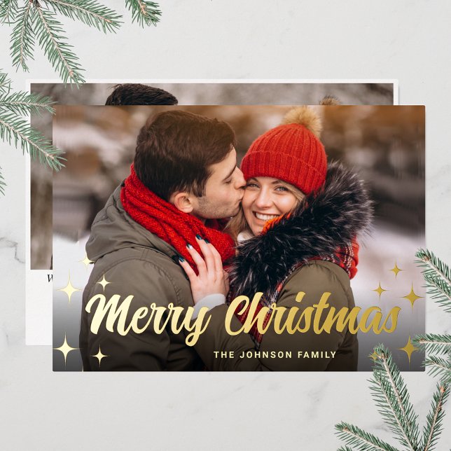 Tarjeta Festiva Con Relieve Metalizado 2 FOTO Sparkle Merry Christmas Greaming Gold (Customizable Christmas holiday greeting photo card with real foil print.)