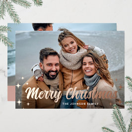 Tarjeta Festiva Con Relieve Metalizado 2 FOTO Sparkle Merry Christmas Greet Gold Rosa