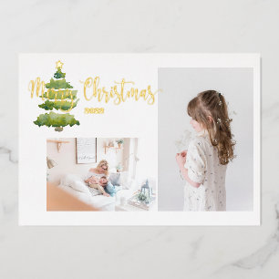 Tarjeta Festiva Con Relieve Metalizado 2 foto WatercolorChristmas Tree Gold Photo Card
