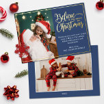 Tarjeta Festiva Con Relieve Metalizado 2 fotos creen en la magia de los Navidades azul<br><div class="desc">Tarjeta de saludo de vacaciones moderna con uno de sus retratos favoritos de la familia de los Navidades a la izquierda, complementada con un marco de Relieve metalizado de oro real y un texto que dice "Cree en la magia de los Navidades" a la derecha sobre un elegante fondo azul,...</div>