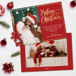 Tarjeta Festiva Con Relieve Metalizado 2 fotos creen en Navidades familia mágica roja<br><div class="desc">Tarjeta de saludo de vacaciones moderna con uno de sus retratos favoritos de la familia de los Navidades a la izquierda, complementada con un marco de Relieve metalizado de oro real y una redacción que dice "Creer en la magia de los Navidades" a la derecha sobre un fondo rojo festivo,...</div>