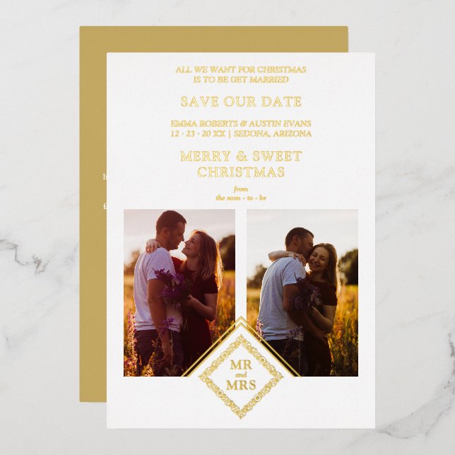 Tarjeta Festiva Con Relieve Metalizado 2 Photos Fancy MR & MRS Christmas Wedding (Anverso/Reverso)