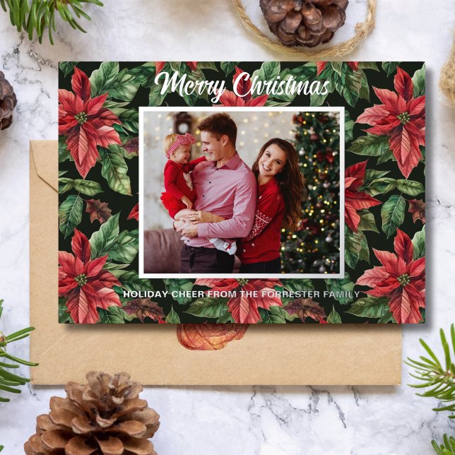 Tarjeta Festiva Con Relieve Metalizado 3 Foto familiar en acuarela Flor de Poinsettia (Subido por el creador)