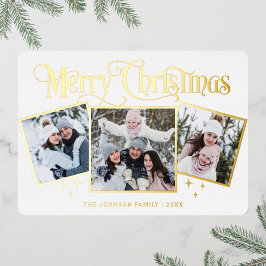 Tarjeta Festiva Con Relieve Metalizado 3 FOTO Sparkle Merry Christmas Greaming Gold