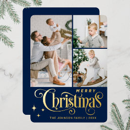 Tarjeta Festiva Con Relieve Metalizado 3 FOTO Sparkle Merry Christmas Greaming Gold