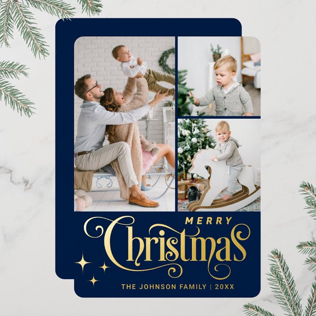 Tarjeta Festiva Con Relieve Metalizado 3 FOTO Sparkle Merry Christmas Greaming Gold (Real foil print Christmas holiday greeting card.)