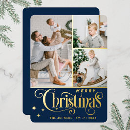 Tarjeta Festiva Con Relieve Metalizado 3 FOTO Sparkle Merry Christmas Greaming Gold
