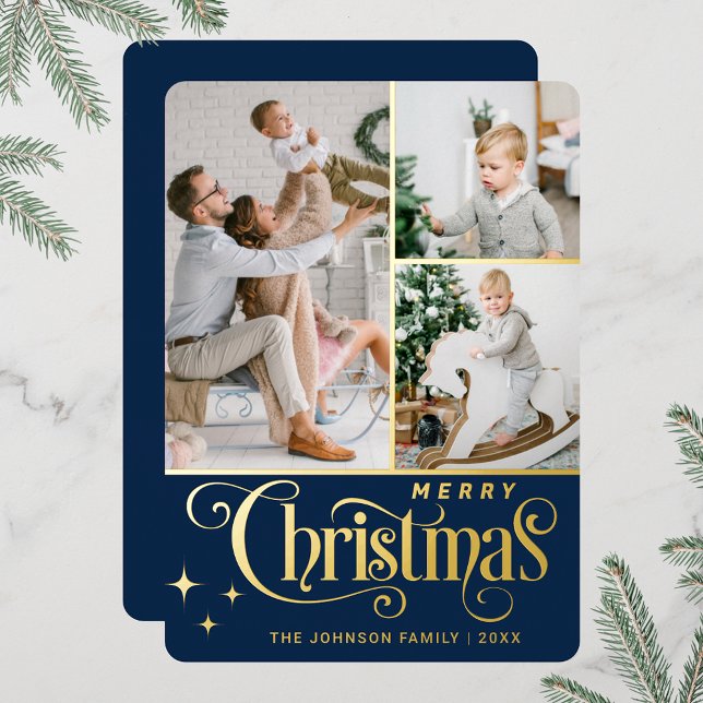 Tarjeta Festiva Con Relieve Metalizado 3 FOTO Sparkle Merry Christmas Greaming Gold (Real foil print Christmas holiday greeting card.)