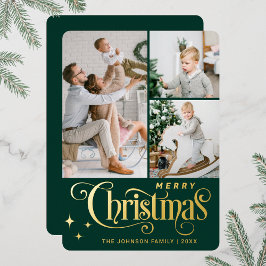 Tarjeta Festiva Con Relieve Metalizado 3 FOTO Sparkle Merry Christmas Greaming Gold