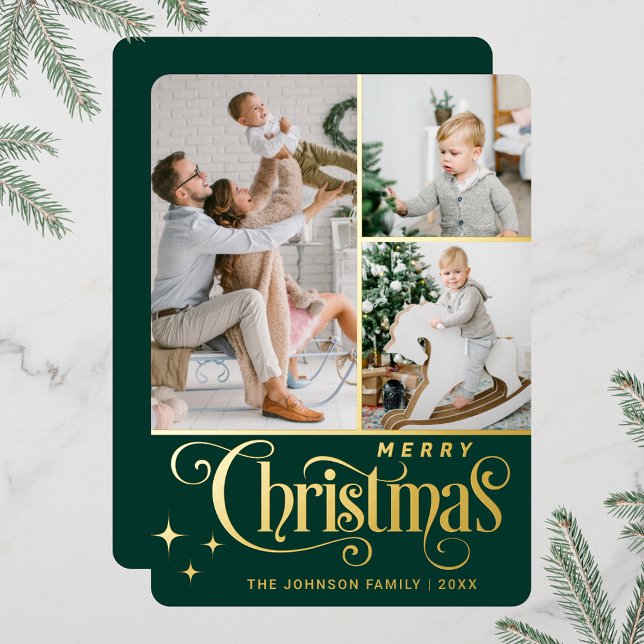 Tarjeta Festiva Con Relieve Metalizado 3 FOTO Sparkle Merry Christmas Greaming Gold (Real foil print Christmas holiday greeting card.)