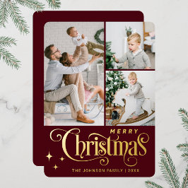 Tarjeta Festiva Con Relieve Metalizado 3 FOTO Sparkle Merry Christmas Greaming Gold