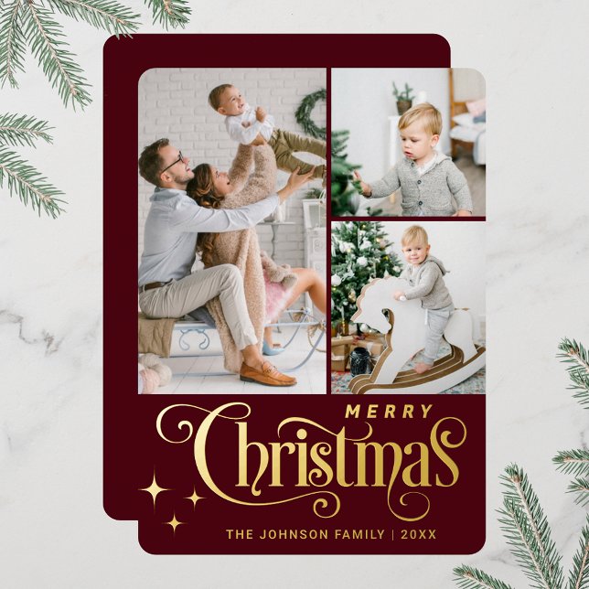 Tarjeta Festiva Con Relieve Metalizado 3 FOTO Sparkle Merry Christmas Greaming Gold (Real foil print Christmas holiday greeting card.)