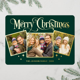 Tarjeta Festiva Con Relieve Metalizado 3 FOTO Sparkle Merry Christmas Greaming Gold