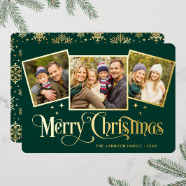Tarjeta Festiva Con Relieve Metalizado 3 FOTO Sparkle Merry Christmas Greaming Gold