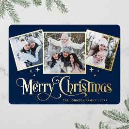 Tarjeta Festiva Con Relieve Metalizado 3 FOTO Sparkle Merry Christmas Greaming Gold