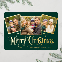 Tarjeta Festiva Con Relieve Metalizado 3 FOTO Sparkle Merry Christmas Greaming Gold