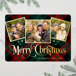 Tarjeta Festiva Con Relieve Metalizado 3 FOTO Sparkle Merry Christmas Greaming Gold