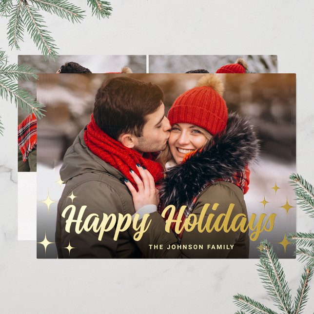 Tarjeta Festiva Con Relieve Metalizado 3 FOTO Sparkle Merry Christmas Greaming Gold (Customizable Christmas holiday greeting photo card with real foil print.)