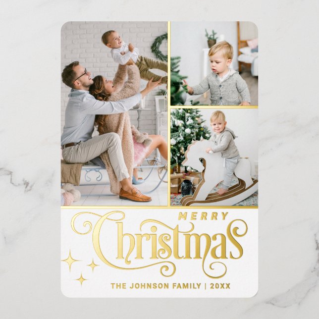 Tarjeta Festiva Con Relieve Metalizado 3 FOTO Sparkle Merry Christmas Greaming Gold (Anverso)