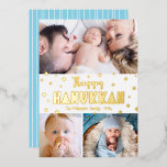Tarjeta Festiva Con Relieve Metalizado 3 Fotografía Happy Hanukkah Whimsical Moderno Gold<br><div class="desc">"Feliz Hanukkah". Divertida, juguetona, caprichosa y artesanal tipografía de Relieve metalizado de oro real y un patrón al azar de Star of David superponen un fondo blanco y limpio. Añada 3 fotos de su elección para ayudar a entrar en Hanukkah con esta impresionante, colorida, personalizada tarjeta de felicitación de Relieve...</div>