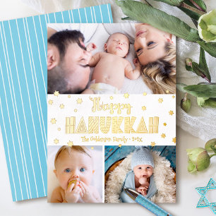 Tarjeta Festiva Con Relieve Metalizado 3 Fotos Feliz Janucá Caprichoso Moderno Oro Real