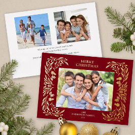 Tarjeta Festiva Con Relieve Metalizado 3 Fotos Navidades Greenery Gold