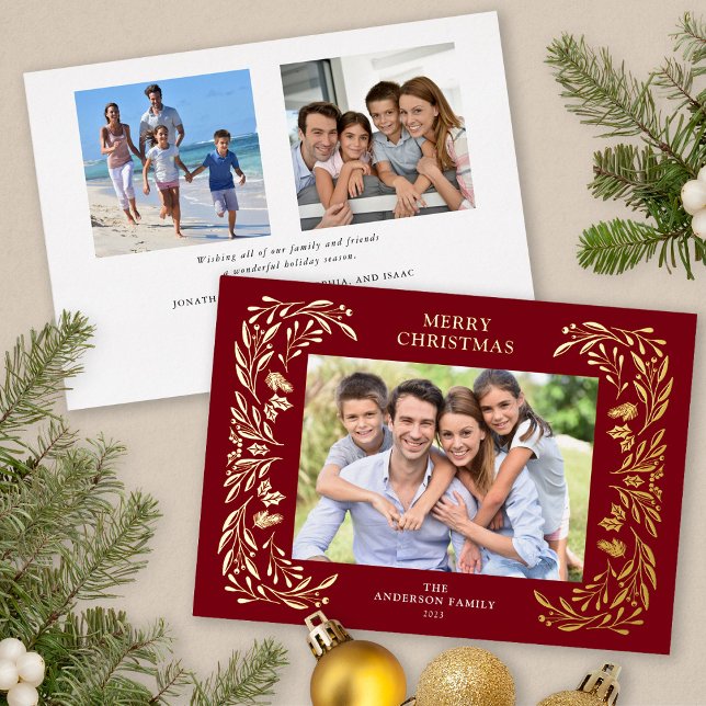 Tarjeta Festiva Con Relieve Metalizado 3 Fotos Navidades Greenery Gold (3 Photos Gold Foil Christmas card)