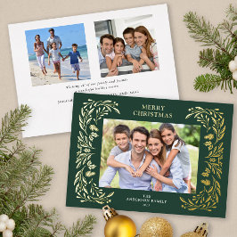 Tarjeta Festiva Con Relieve Metalizado 3 Fotos Navidades Greenery Gold