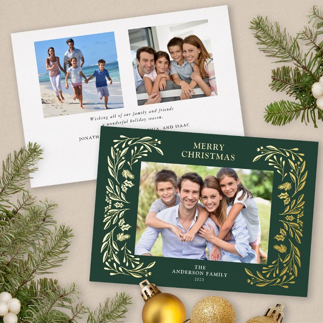 Tarjeta Festiva Con Relieve Metalizado 3 Fotos Navidades Greenery Gold (Gold Foil, 3 Photos Christmas card)