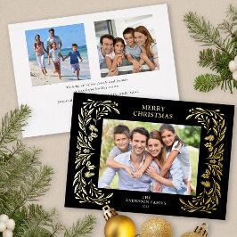 Tarjeta Festiva Con Relieve Metalizado 3 Fotos Navidades Greenery Gold