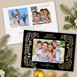 Tarjeta Festiva Con Relieve Metalizado 3 Fotos Navidades Greenery Gold